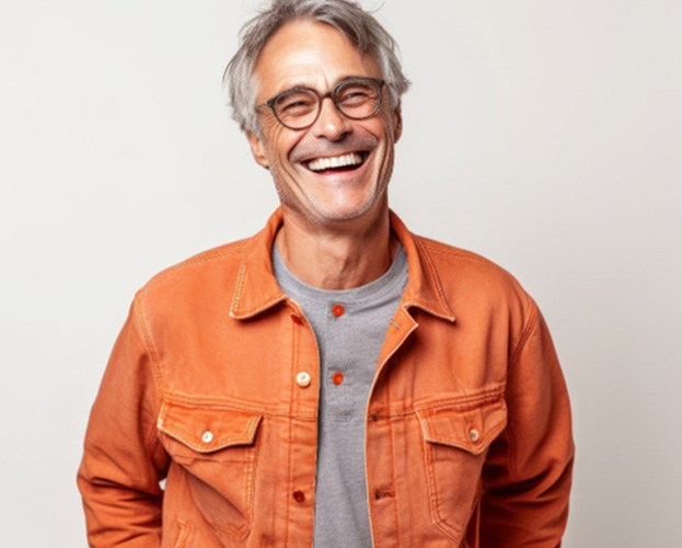 man smiling in orange shirt with white background